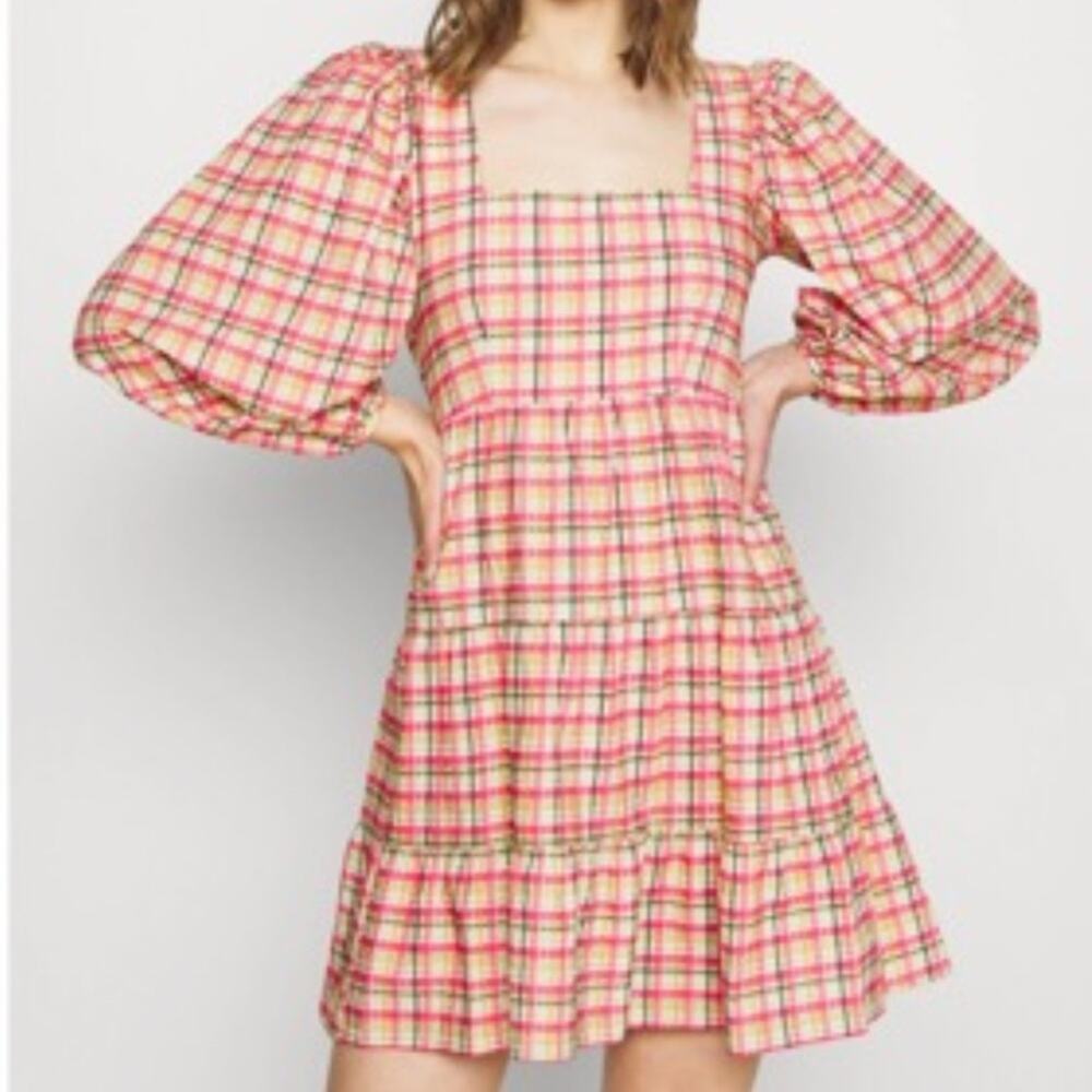 NWT TOPSHOP check Plaid Puff Sleeve mini smoke woman's Dress